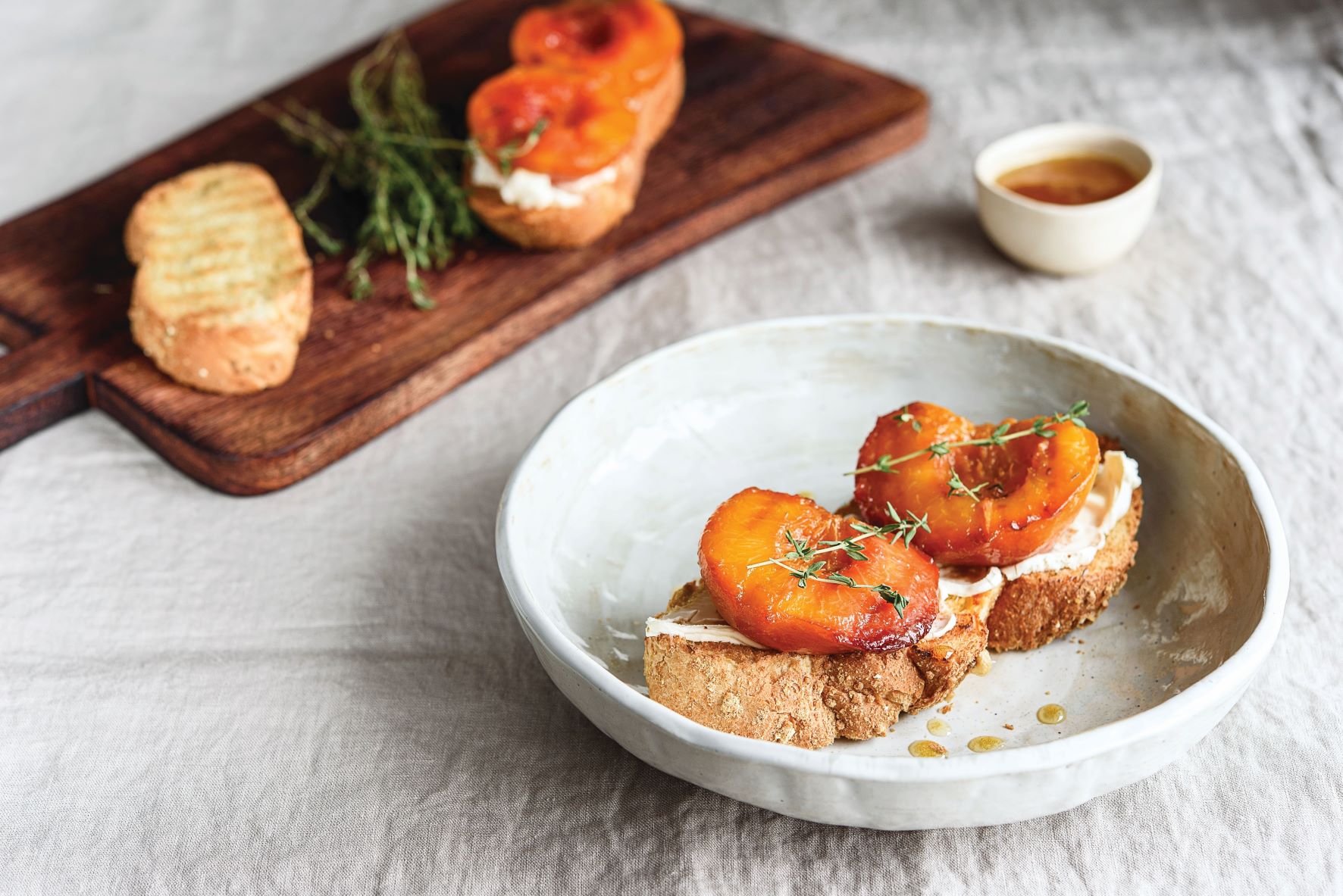 Grilled Nectarines with Chive oil, Thyme and Chèvre